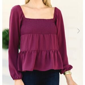 Paper Crane Top Berry Purple Smocked Baby Doll Long Sleeve Blouse Top Medium NEW